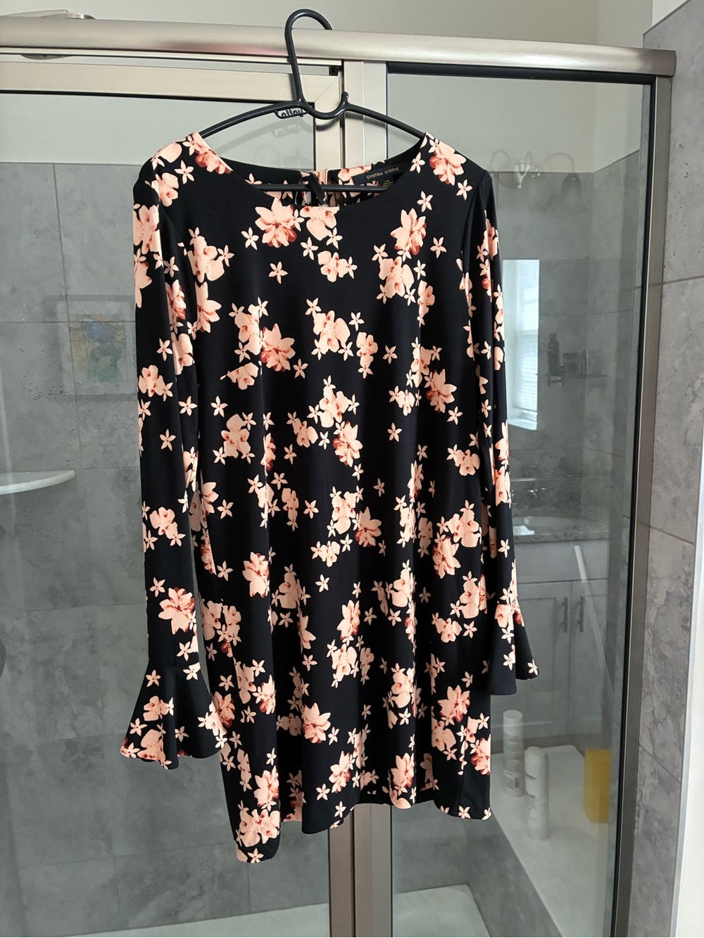 Cynthia Steffe Black Long-Sleeve Floral Swing Dress with Peach Blossoms